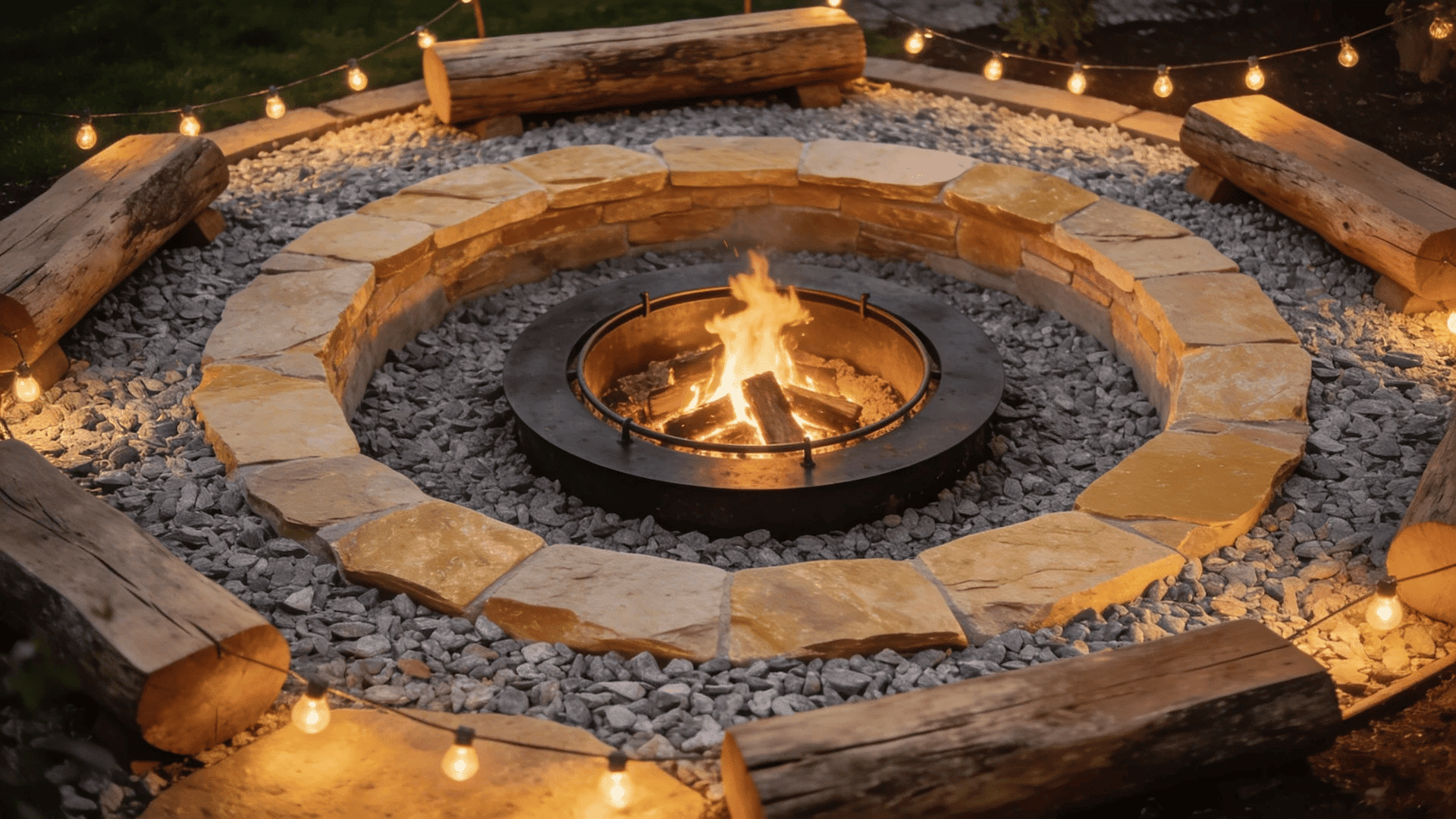 gravel patio ideas with a fire pit surrounded by stone circles, wooden benches, and string lights for a cozy atmosphere
