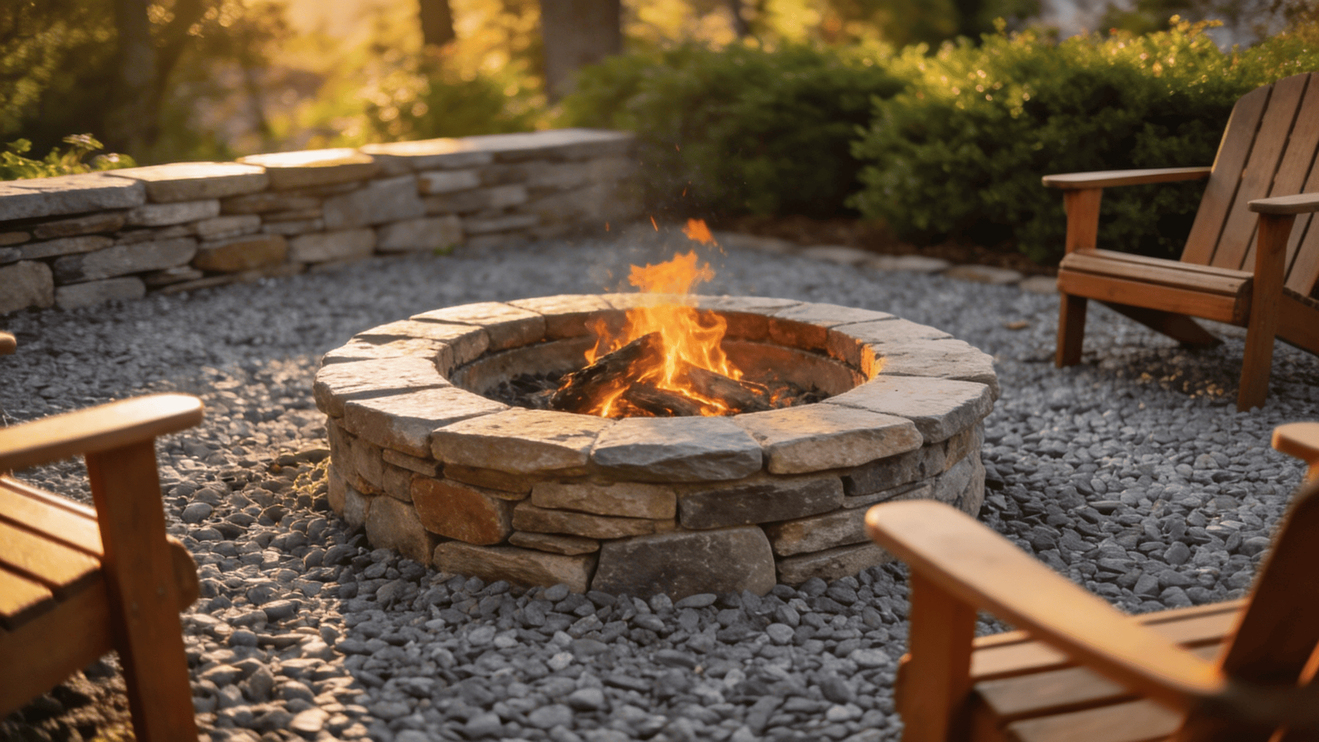 gravel patio ideas with a fire pit surrounded by stone walls and wooden chairs for a cozy outdoor retreat