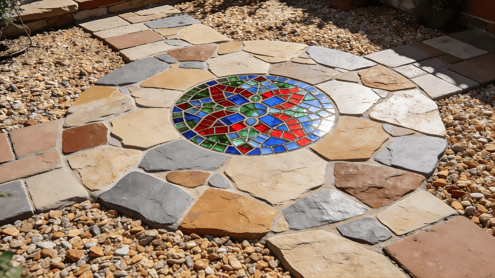 gravel patio ideas with a mosaic center surrounded by natural stones creating a unique and colorful design for outdoor spaces