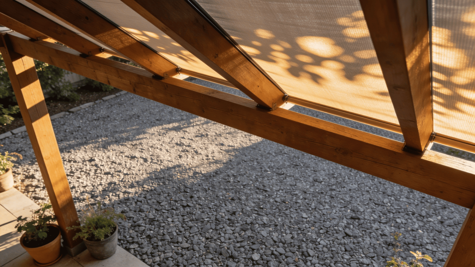 gravel patio ideas with a shaded wooden pergola casting beautiful patterns on the gravel creating a cozy outdoor retreat