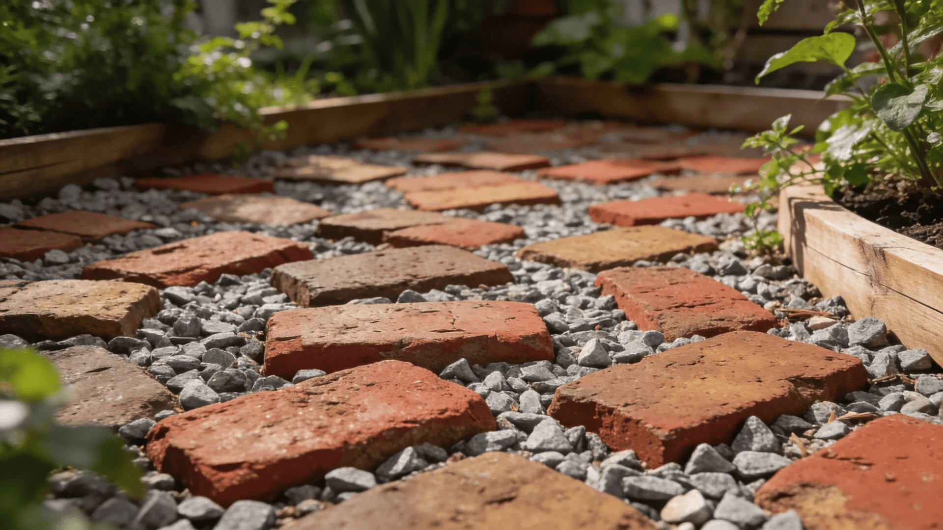 gravel patio ideas with brick pavers placed over gravel creating a charming path surrounded by plants