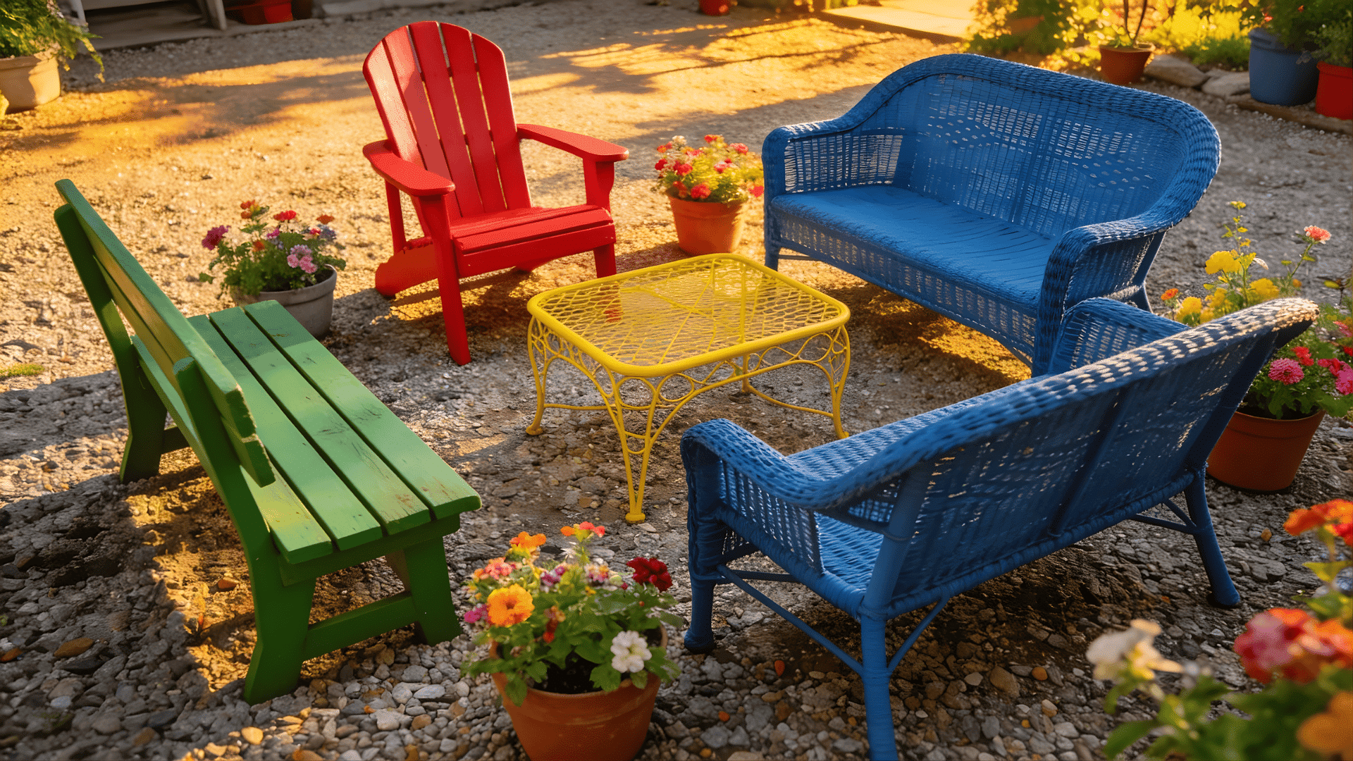 gravel patio ideas with colorful furniture and potted plants creating a vibrant and lively outdoor seating area
