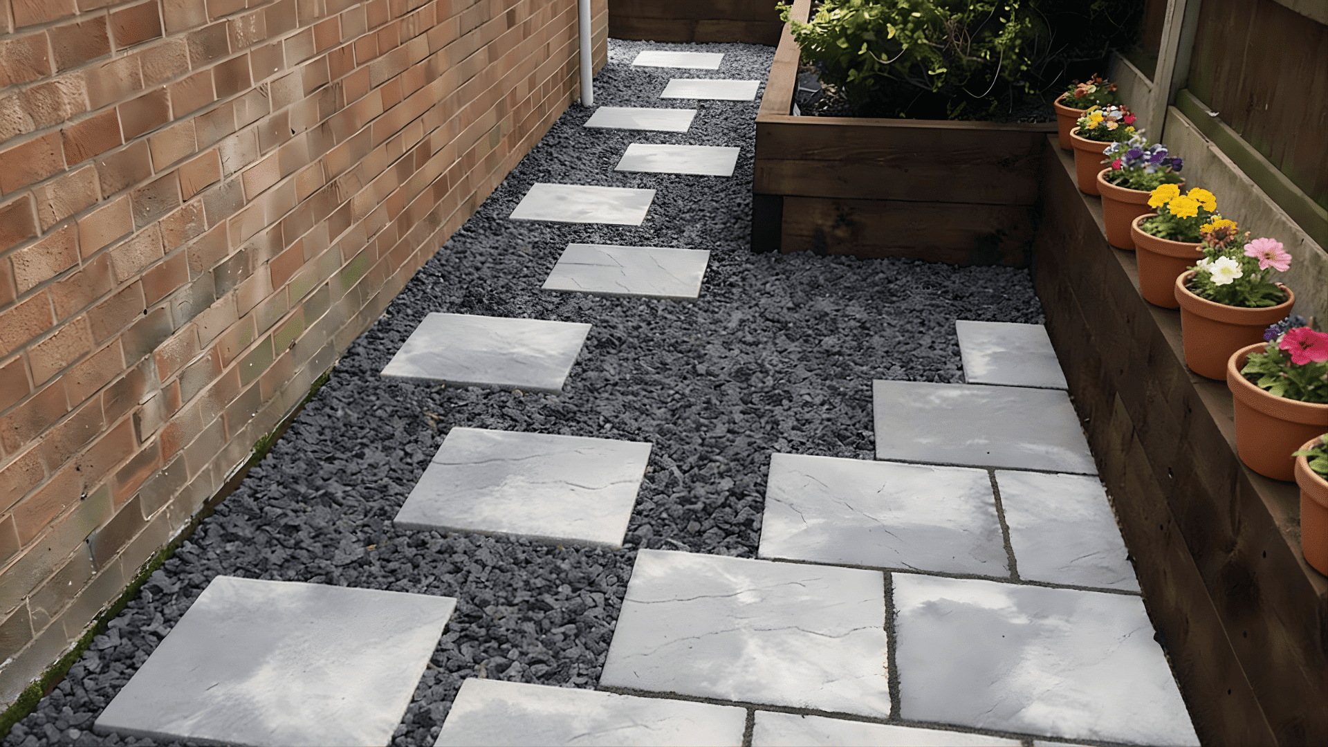 gravel patio ideas with large stone pavers spaced over gravel creating a clean and modern pathway surrounded by plants