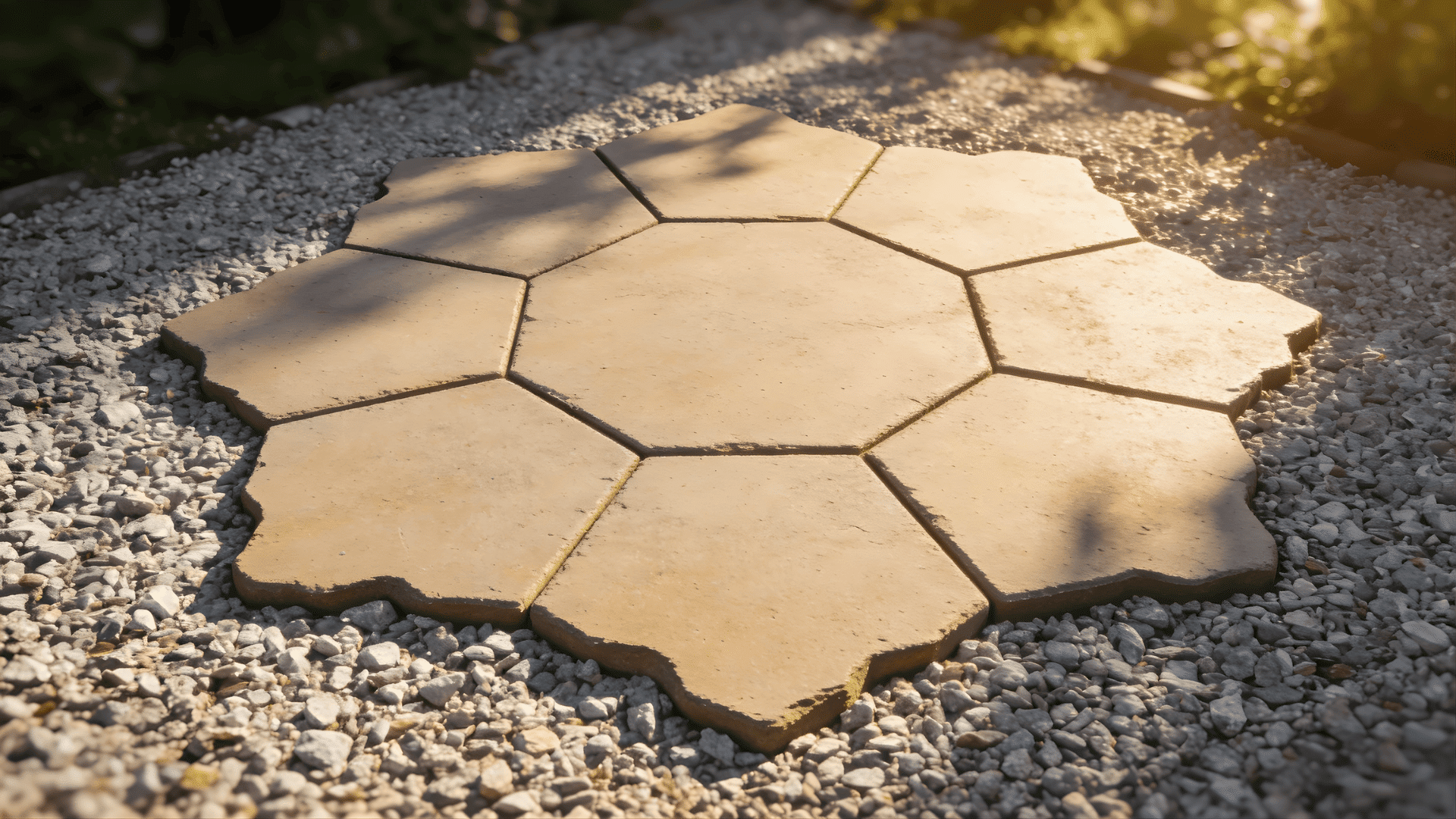 gravel patio ideas with large stone slabs arranged in a circular pattern creating a stylish outdoor path