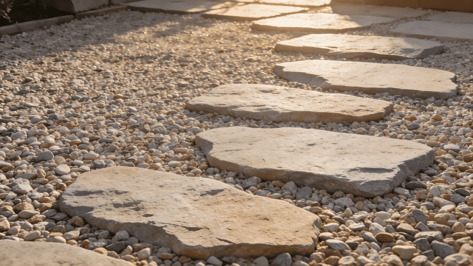 gravel patio ideas with large stone slabs placed over gravel creating a simple and natural walkway