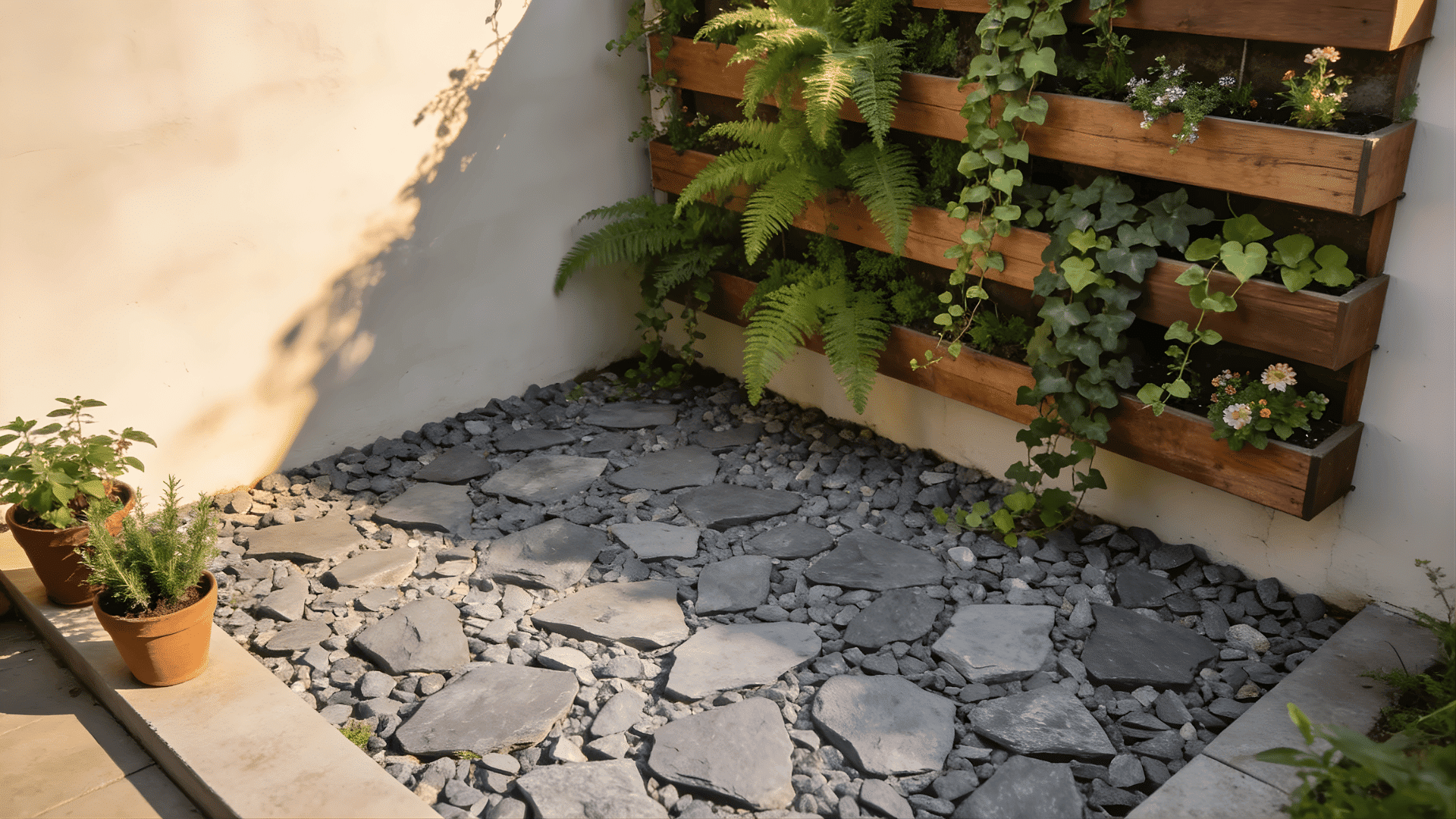 gravel patio ideas with stepping stones and a vertical garden bringing a natural touch to a cozy outdoor space