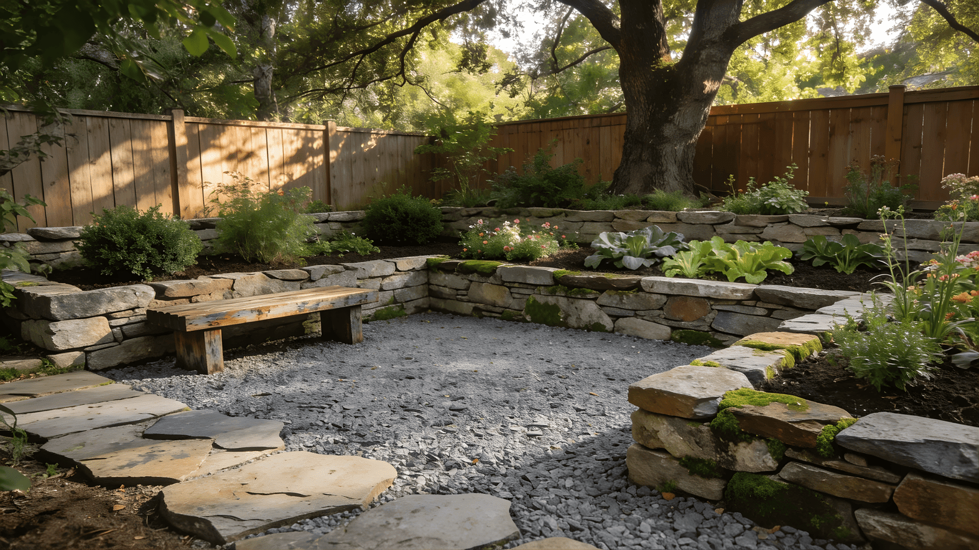 gravel patio ideas with stone retaining walls and a serene garden bench offering a peaceful outdoor retreat