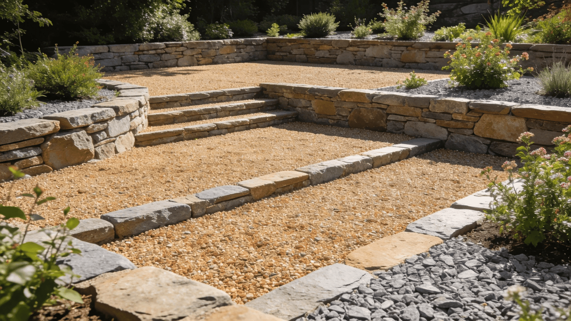 gravel patio ideas with stone walls and steps creating a tiered and landscaped outdoor garden space
