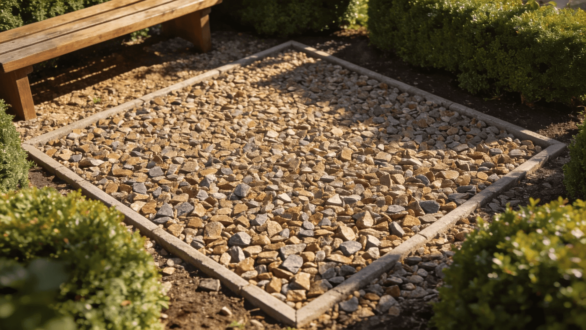 gravel patio ideas with stones bordered by plants creating a peaceful outdoor space for relaxation