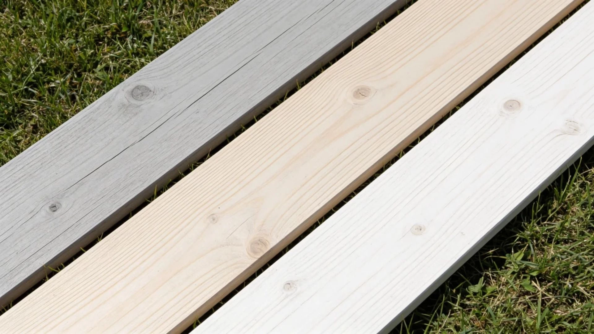 gray and whitewash stained pine boards placed on grass showing soft muted tones in daylight