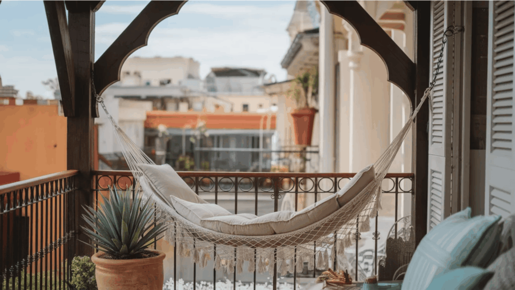 guest room ideas balcony hammock seating with cozy cushion potted plant and relaxing outdoor view
