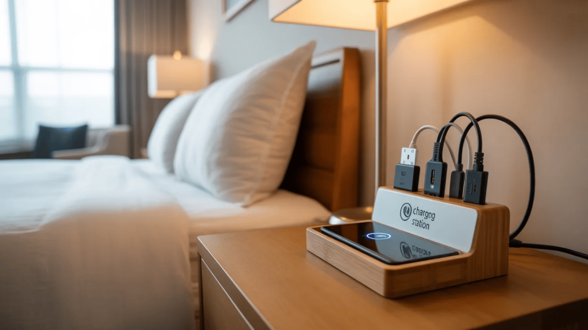 guest room ideas bedside table with phone charging station and cables providing convenient device charging for overnight guests