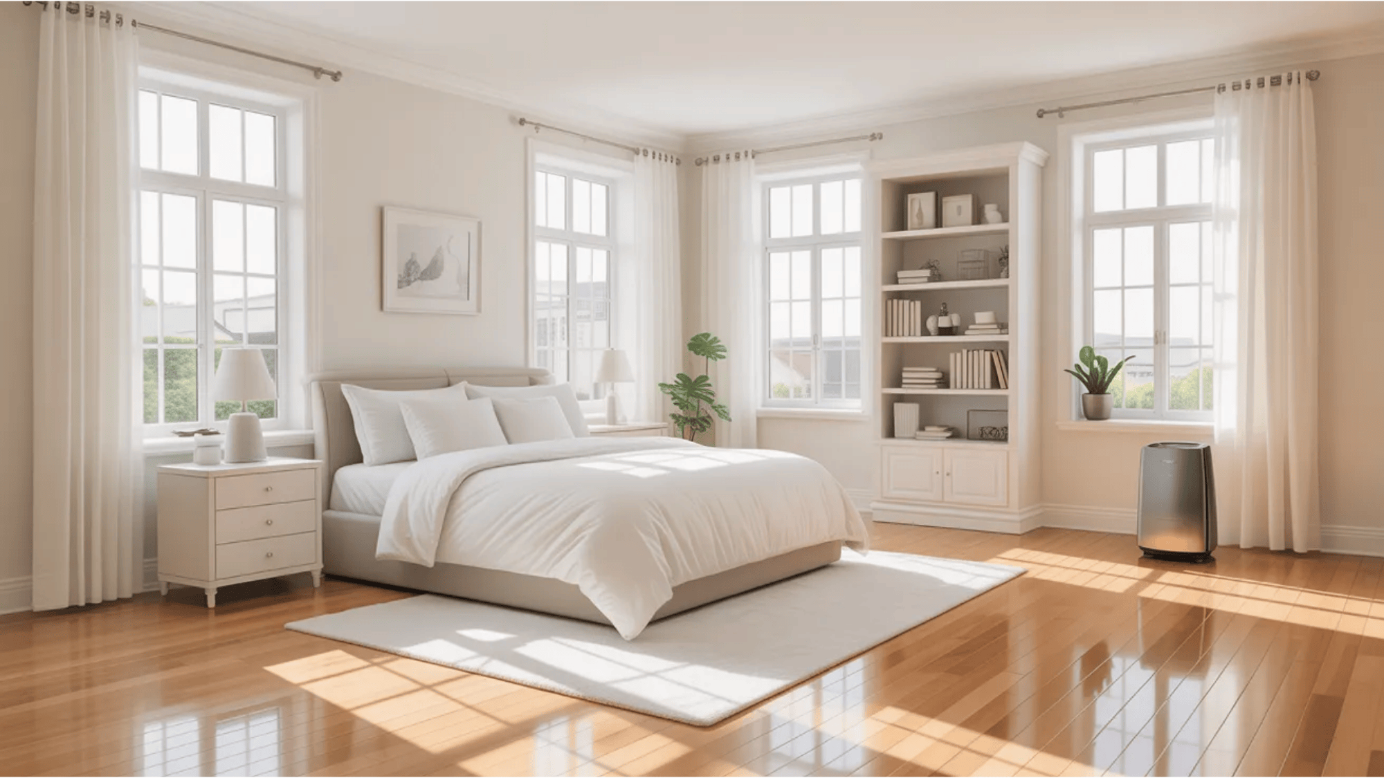 guest room ideas bright airy bedroom with white bed large windows bookshelf and indoor plant creating calm welcoming space