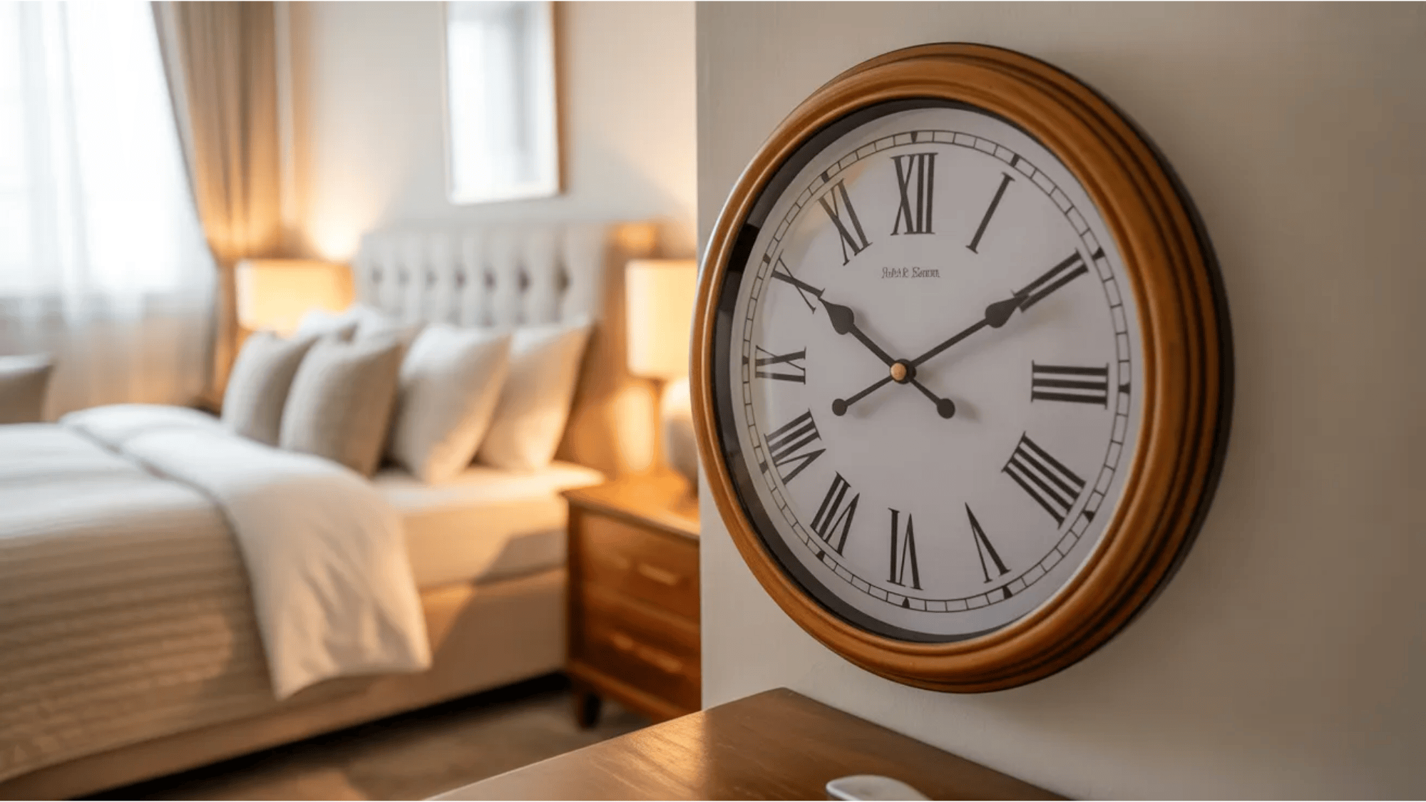 guest room ideas classic wall clock with roman numbers mounted beside cozy bed and warm bedside lamp lighting peaceful room
