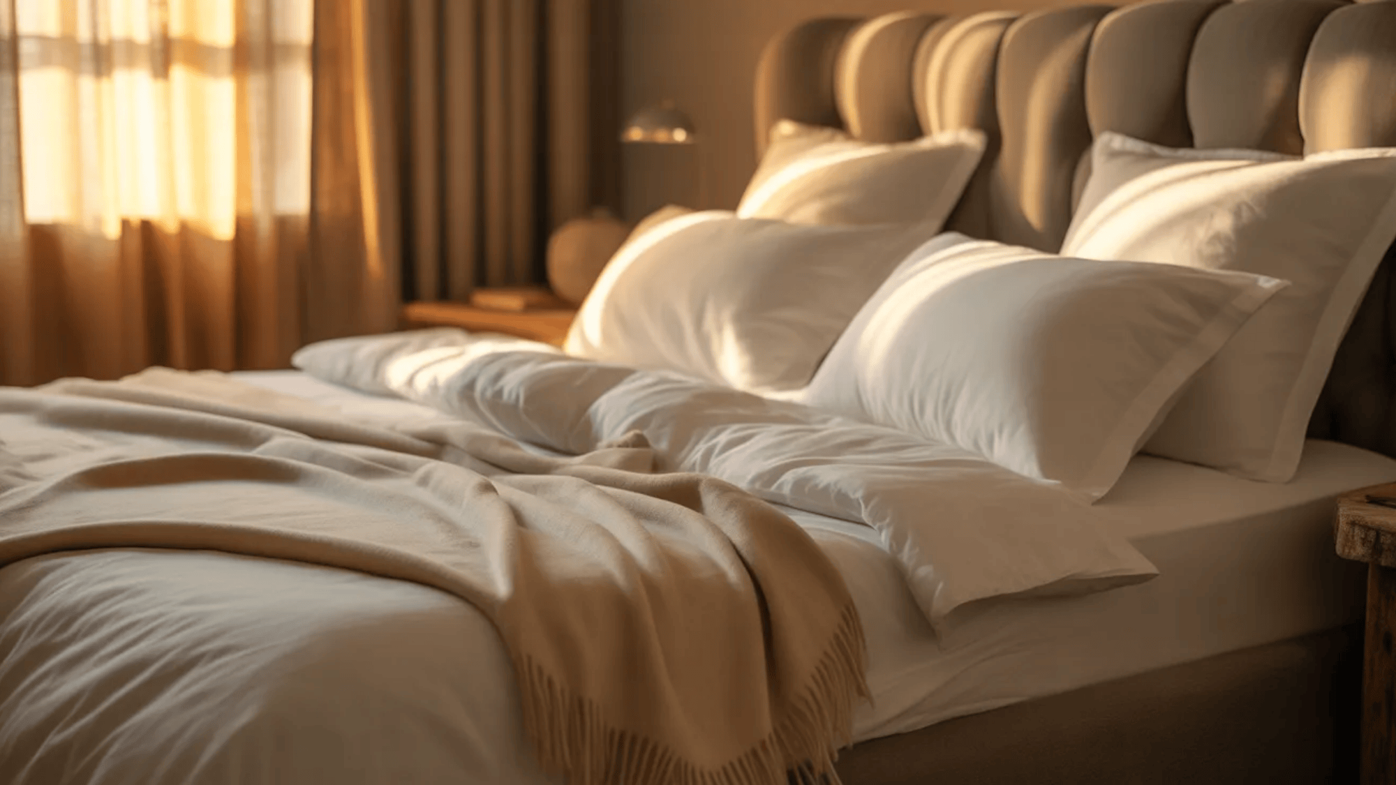 guest room ideas cozy bed with white pillows soft blanket and warm sunlight through curtains creating calm bedroom space