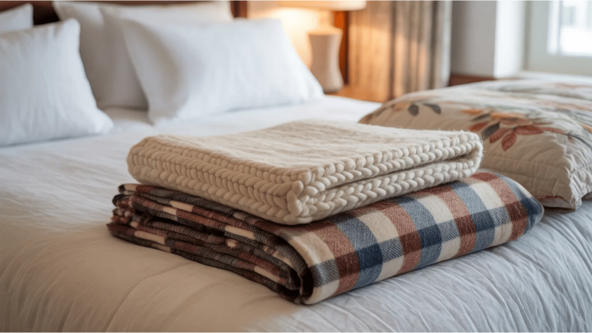 guest room ideas folded knit blanket and plaid throw neatly placed on soft bed with white pillows creating cozy welcoming sleep space