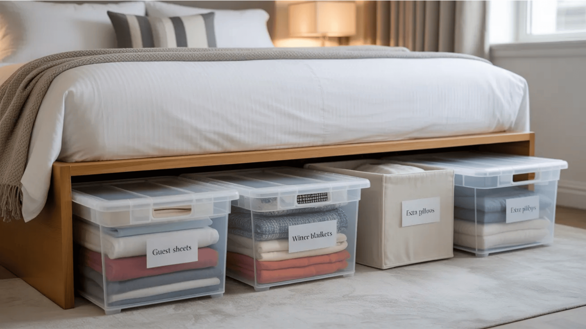 guest room ideas labeled storage bins under bed holding extra sheets blankets and pillows keeping guest room tidy