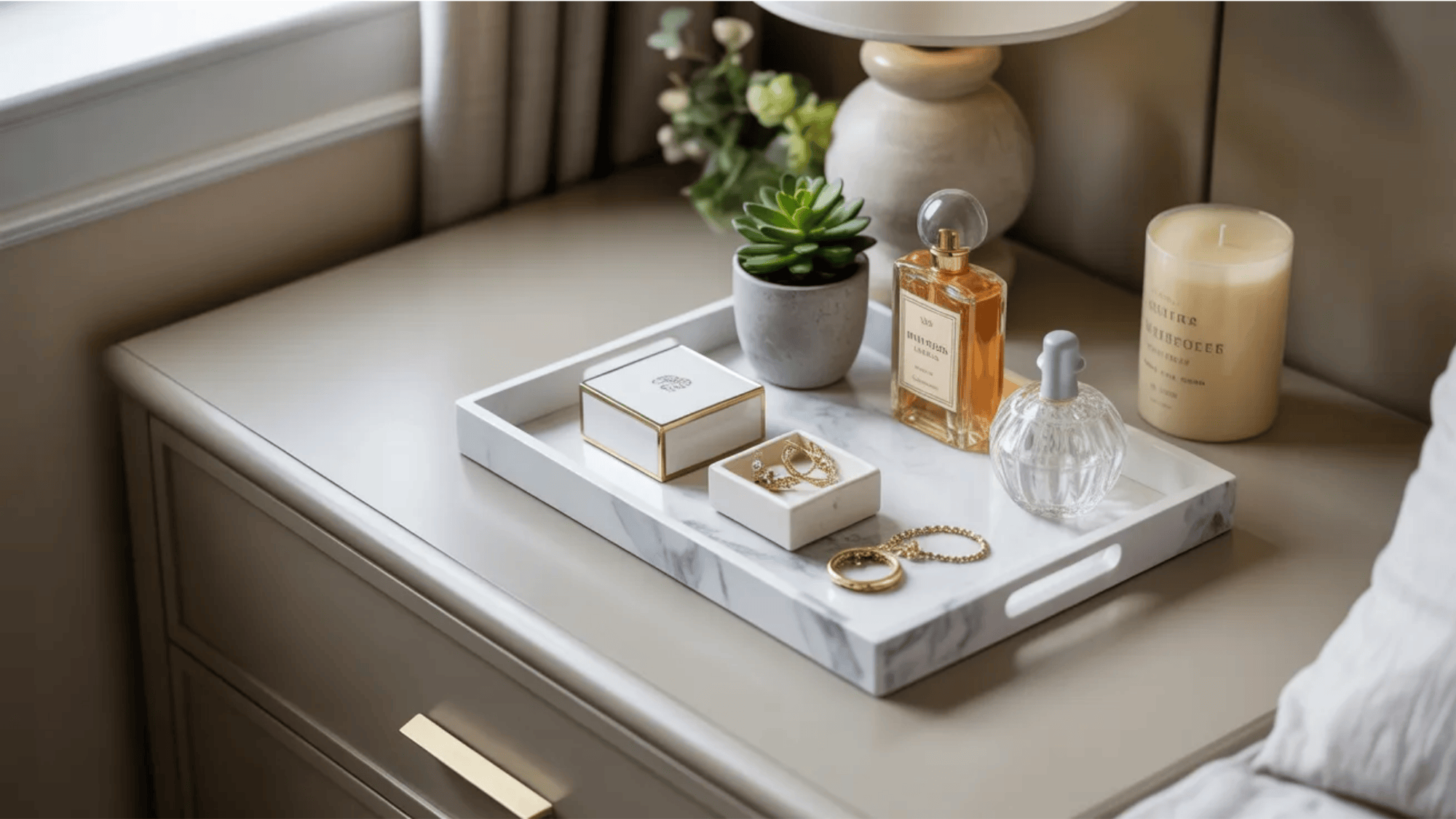 guest room ideas marble tray with perfume candle jewelry and small plant on bedside dresser creating elegant relaxing decor