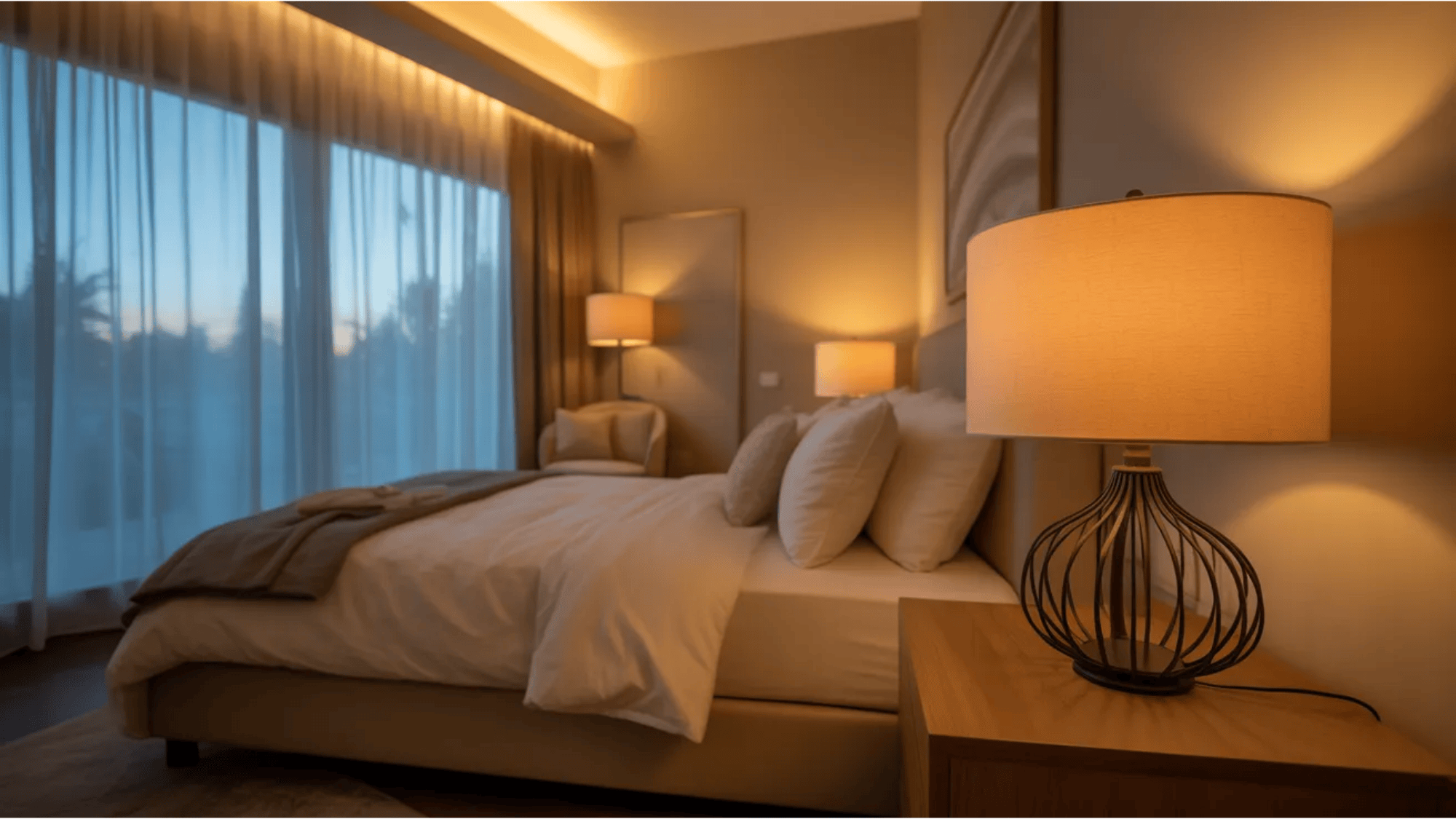 guest room ideas modern bedroom with soft lighting bedside lamps large window and comfortable bed creating relaxing stay space