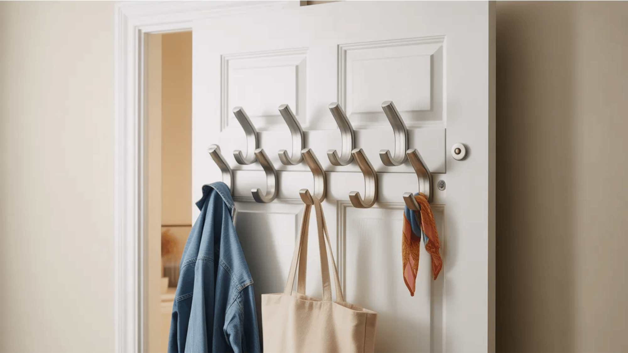 guest room ideas over the door hooks holding jacket tote bag and scarf providing simple storage for guest belongings