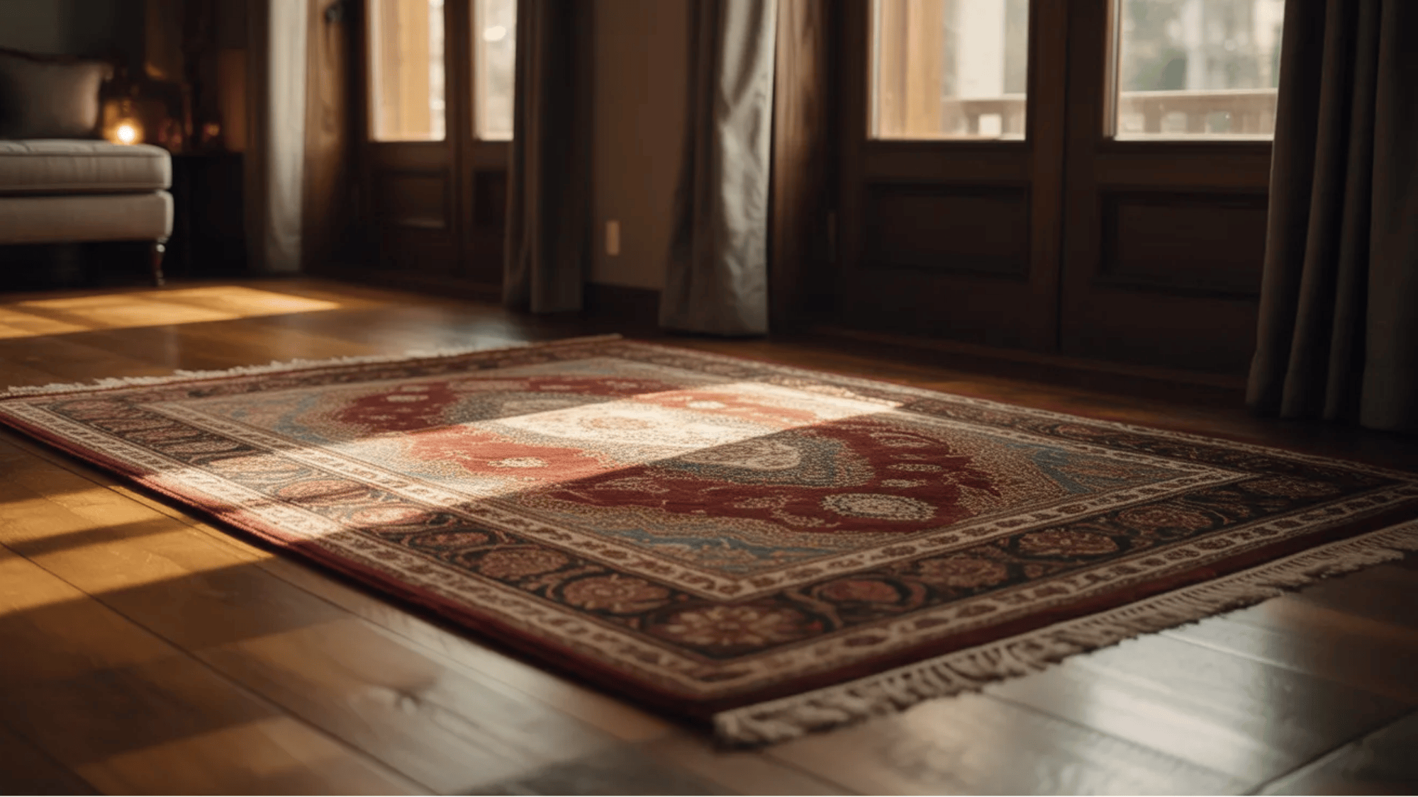 guest room ideas patterned area rug on wooden floor near glass doors adding warmth comfort and style to welcoming guest space