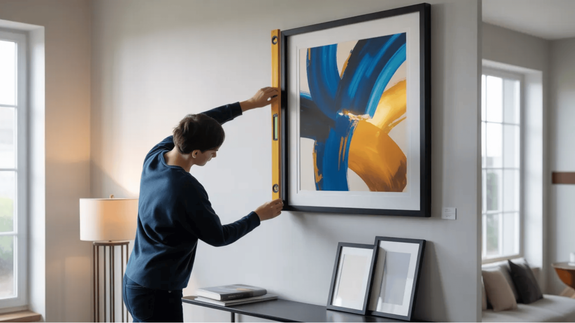 guest room ideas person using level tool to hang framed artwork on wall adding decorative style to comfortable guest bedroom