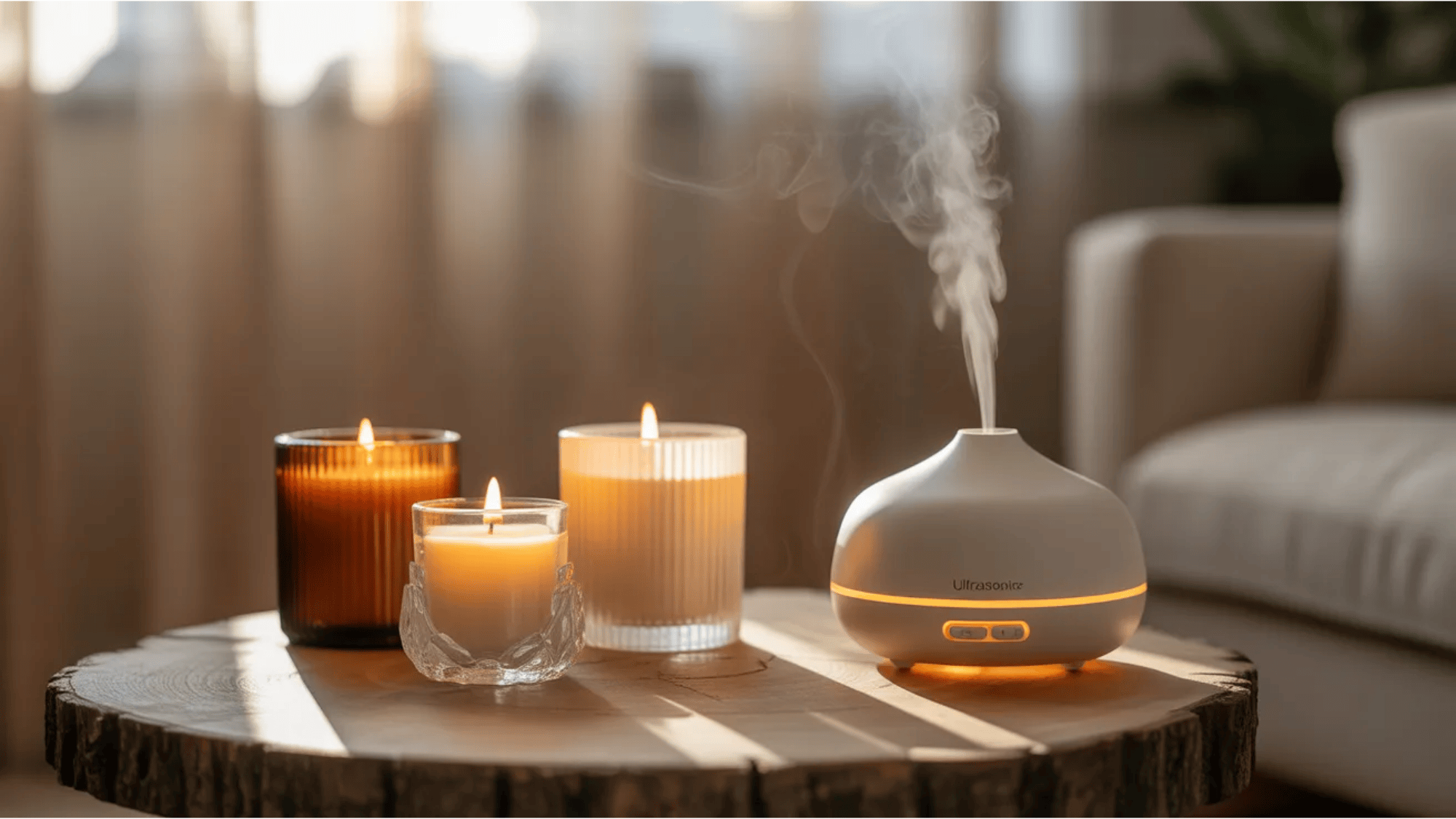 guest room ideas scented candles and aroma diffuser on wooden table creating calming spa like atmosphere for visiting guests