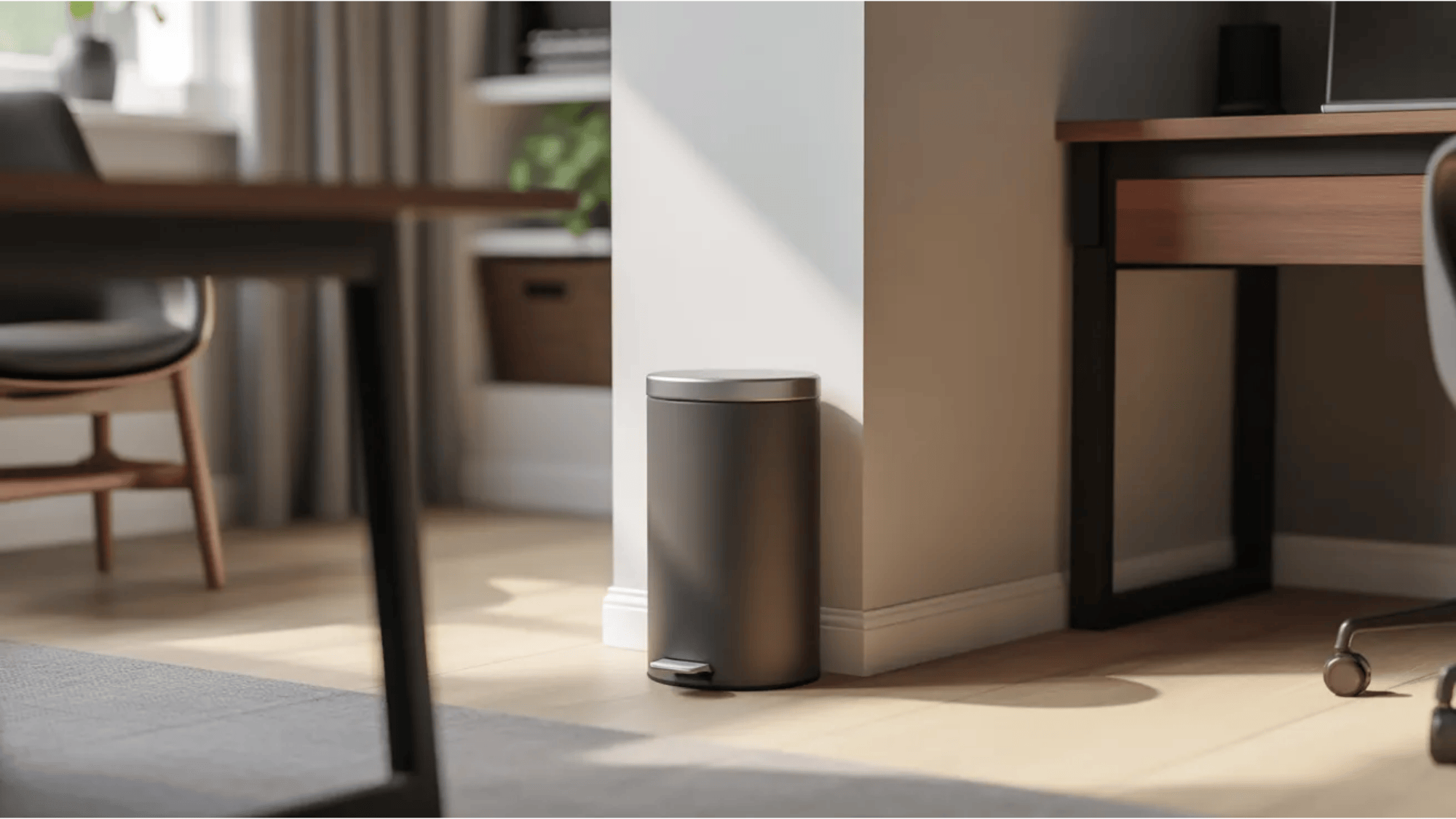 guest room ideas small metal trash bin placed beside wall near desk and chair creating convenient waste spot in clean modern room
