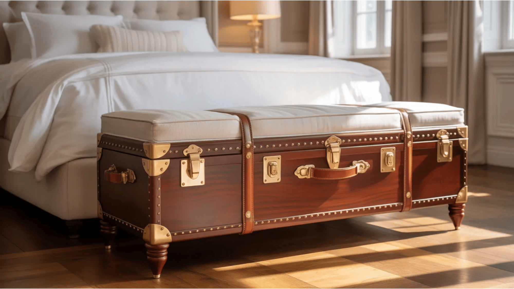 guest room ideas vintage suitcase style bench with leather straps placed at foot of bed offering stylish luggage storage