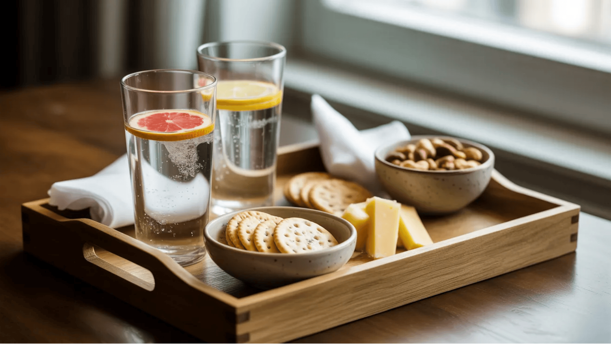guest room ideas welcome tray with sparkling water citrus slices crackers cheese and nuts offering relaxing snack for visitors