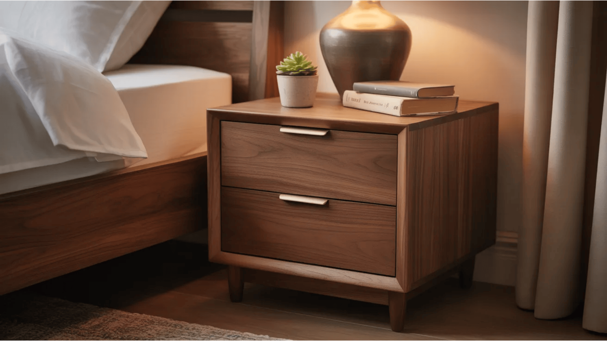 guest room ideas wooden bedside table with lamp books and small plant beside bed creating warm and welcoming sleeping area