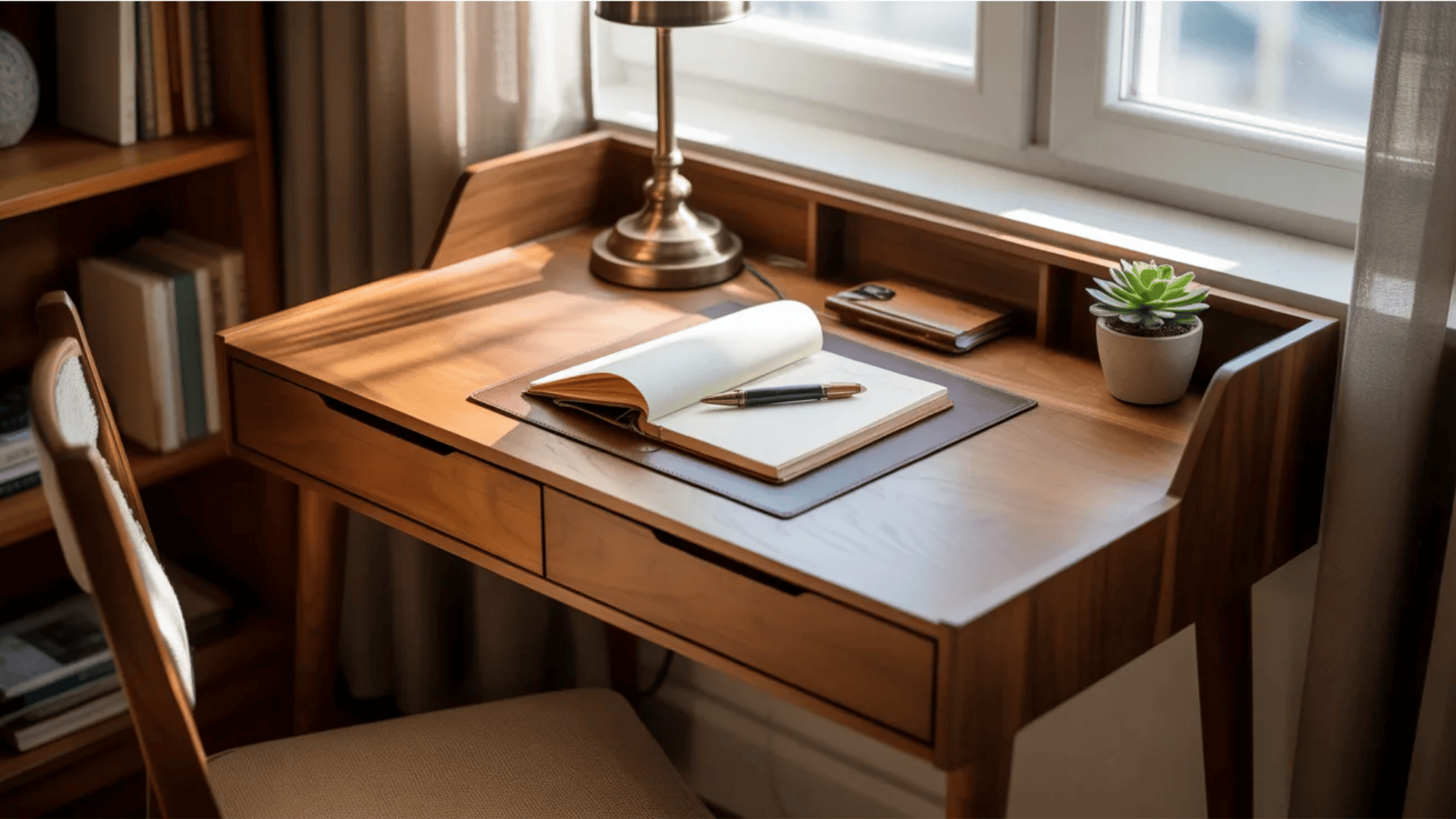 guest room ideas wooden writing desk with notebook pen lamp and small plant creating comfortable workspace for guests