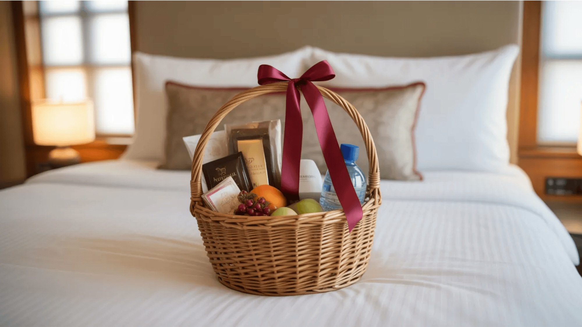 guest room welcome basket with towels chocolates fruit bottle and welcome card placed on neatly made bed with soft white pillows