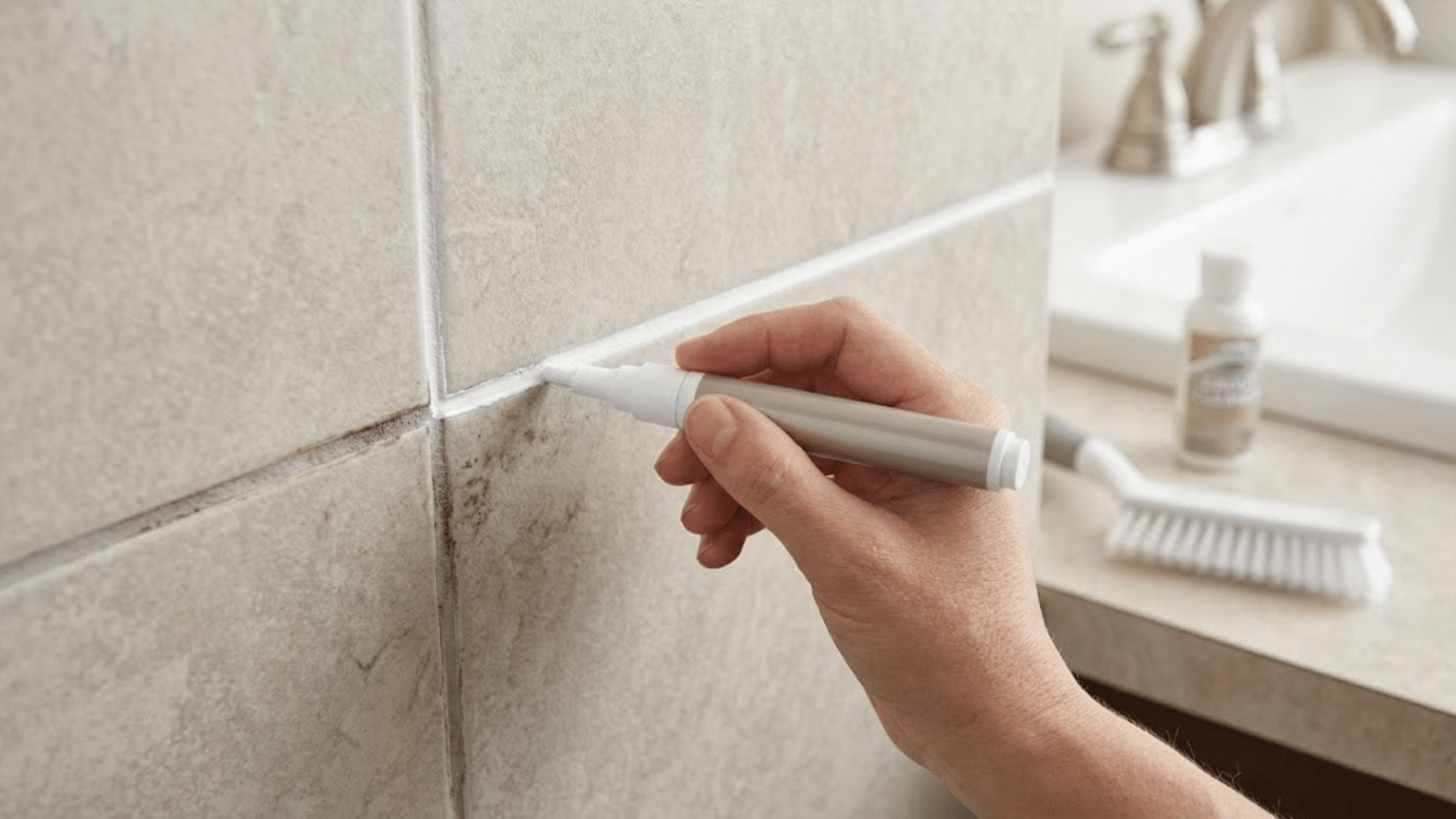 Hand applying a white grout pen to clean grout lines between tan marble bathroom tiles near a sink and brush