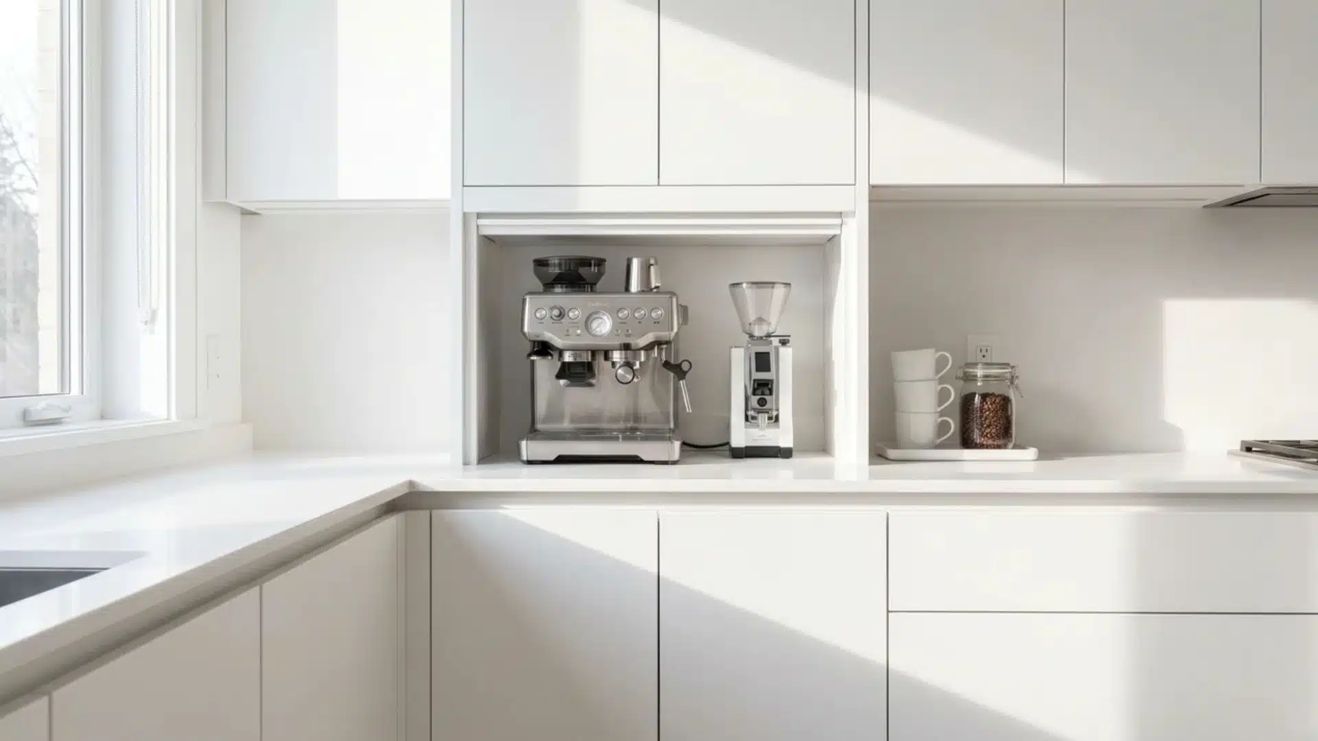 White minimalist built-in coffee bar with slab cabinets, quartz counter, hidden espresso machine, mugs, and coffee jars.