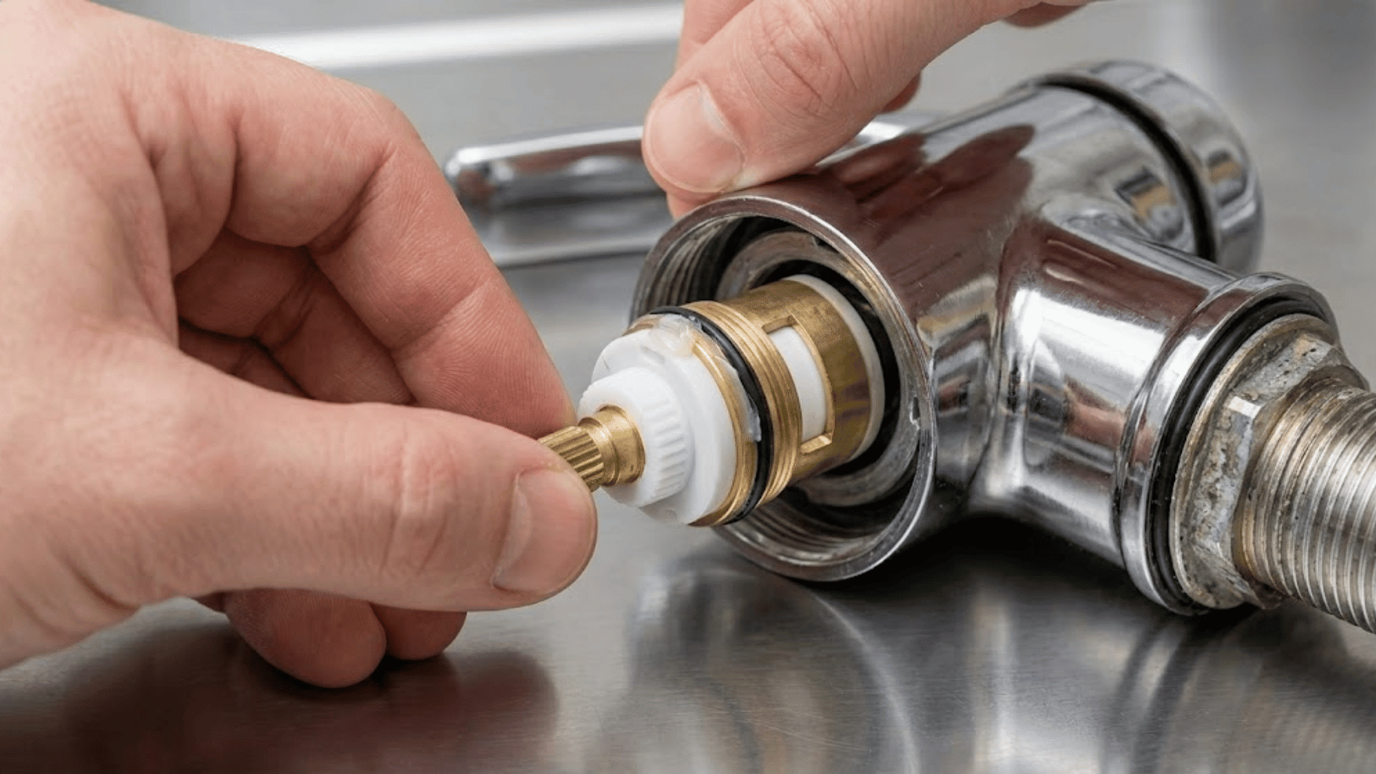 hands installing a new faucet cartridge into the faucet body during a dripping faucet repair project
