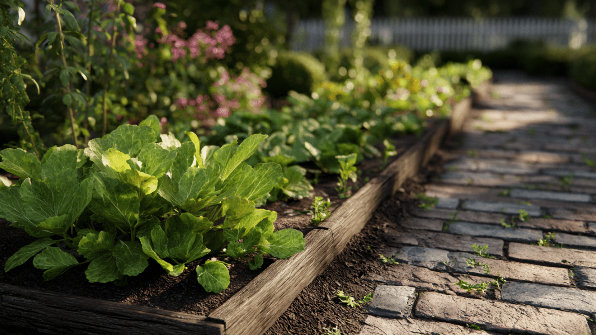hands planting young flowers in garden soil beside watering can and simple outdoor gardening tools