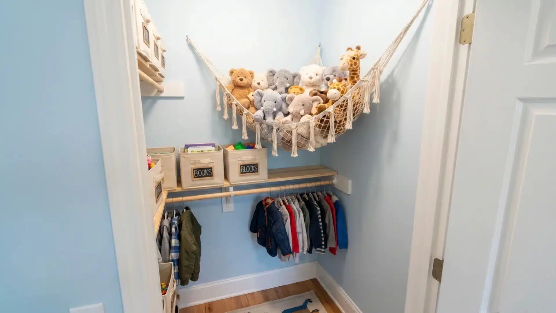 corner toy hammock in kids closet holding stuffed animals above lower storage