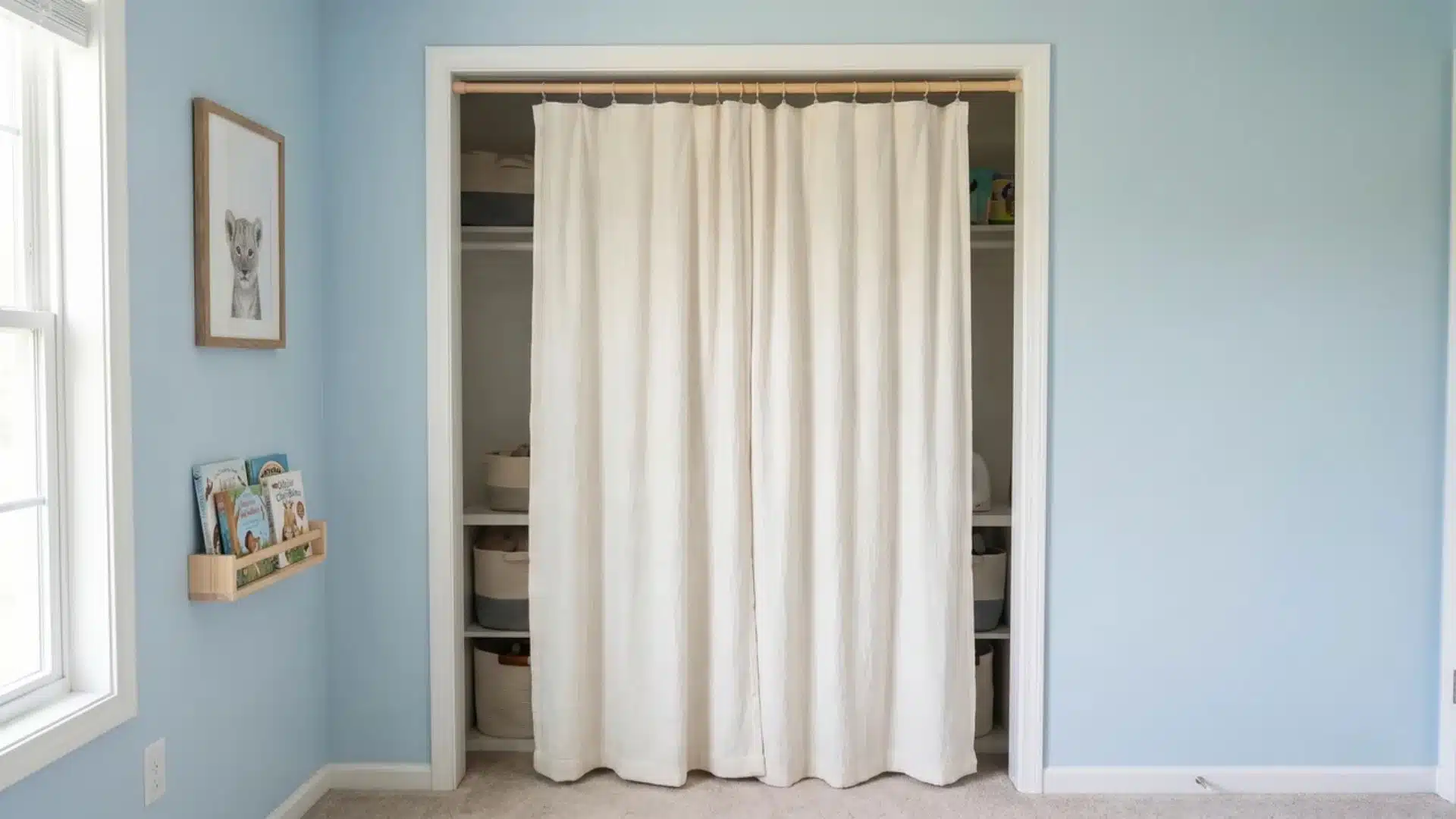 kids closet covered by curtain hung from rod instead of traditional closet doors