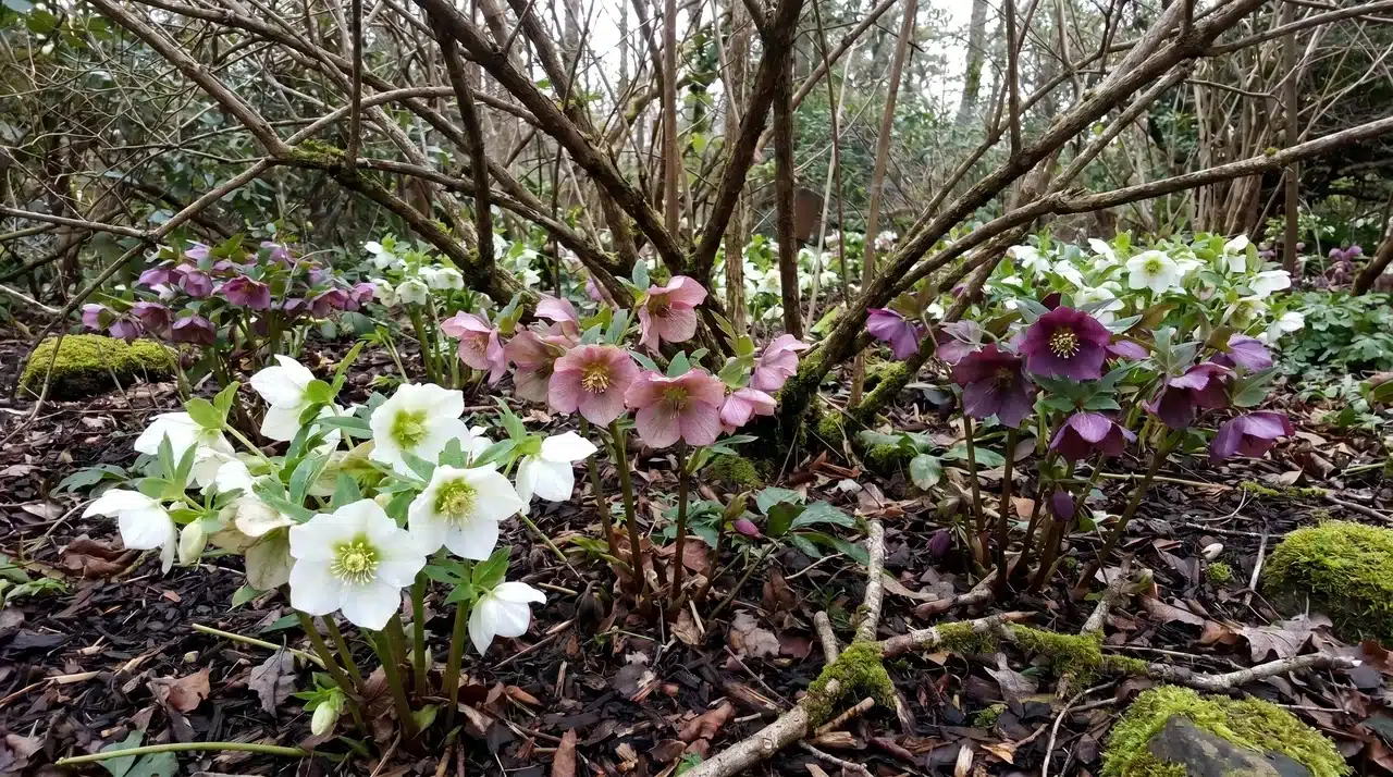 Hellebore flowers blooming in a shaded woodland garden.