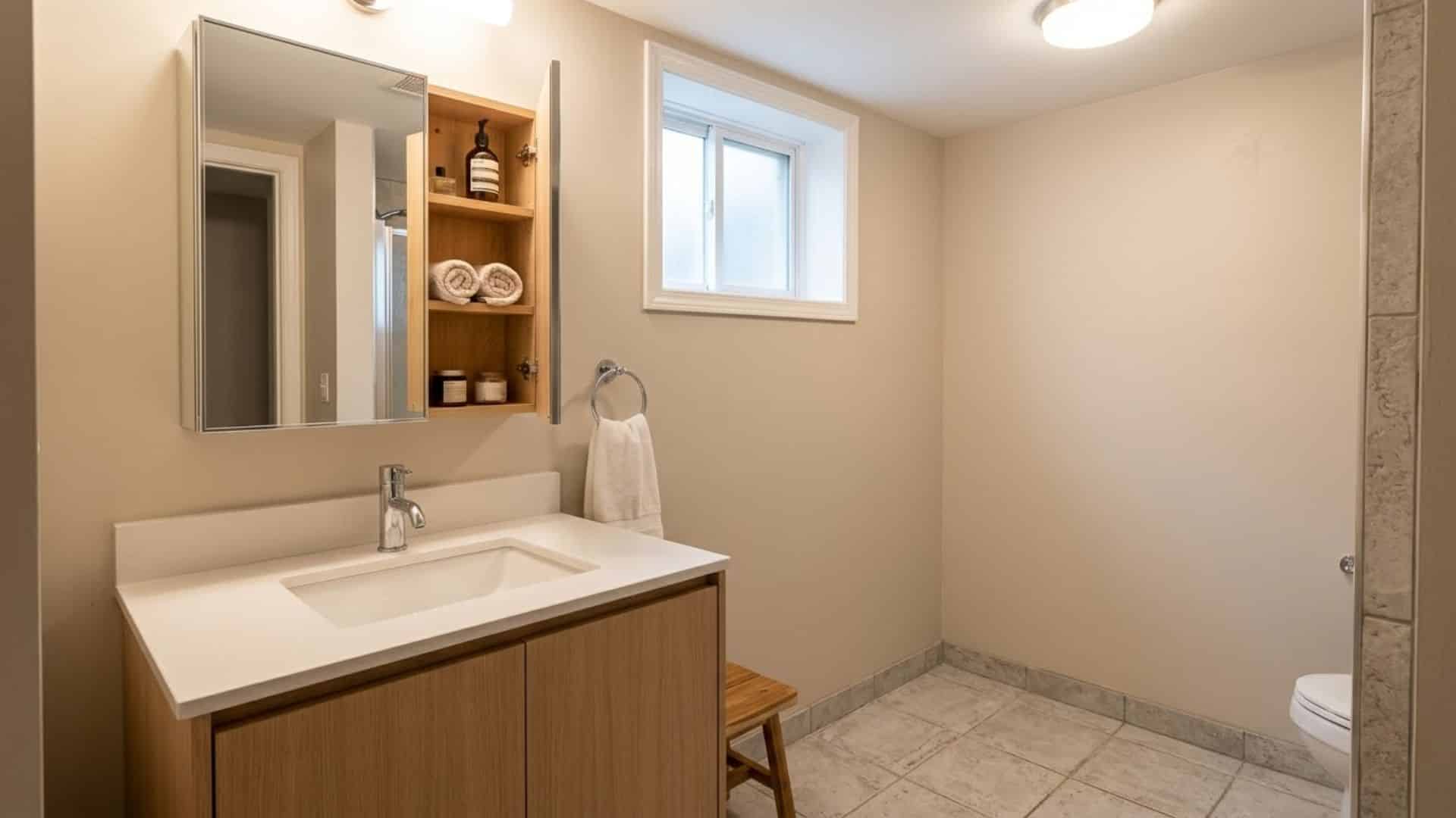 hidden storage cabinets in basement bathroom with clean surfaces neutral tones and organized clutter free design