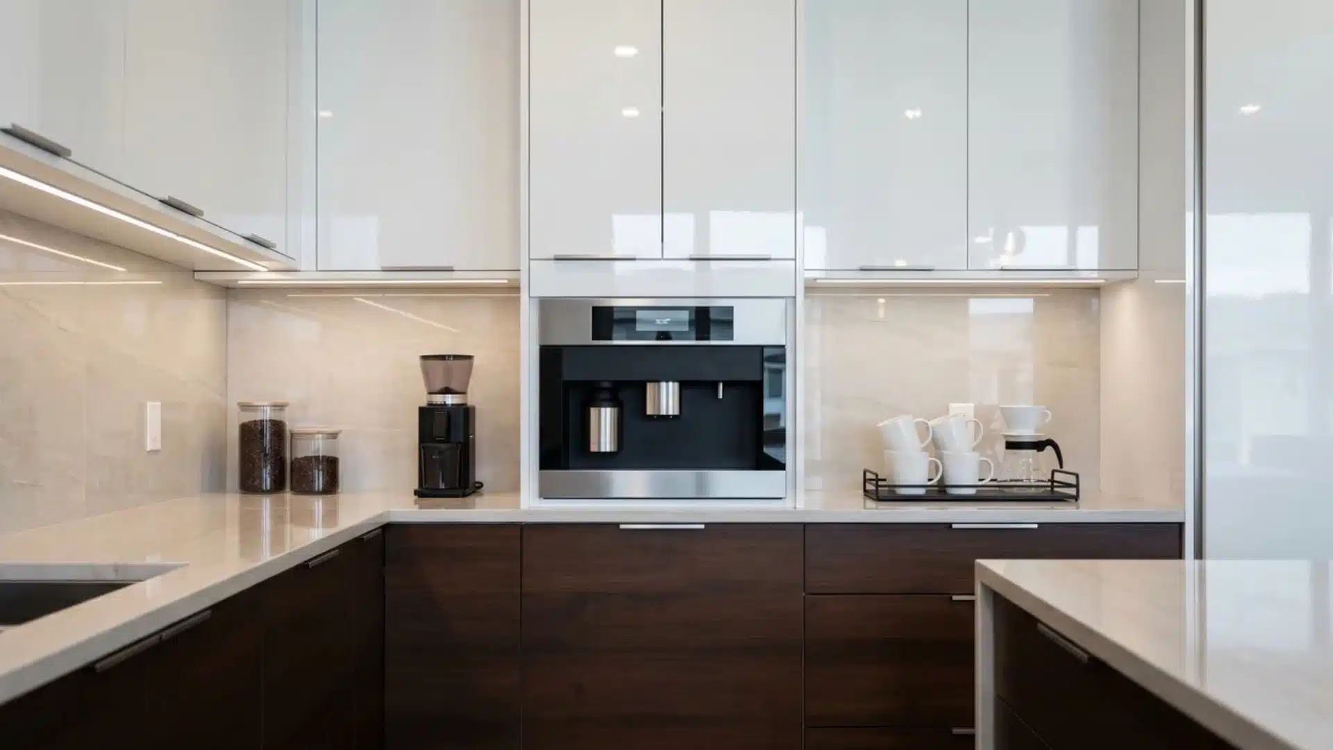 Contemporary two-tone coffee bar with glossy white uppers, wood lowers, LED lighting, espresso machine, and clean styling.