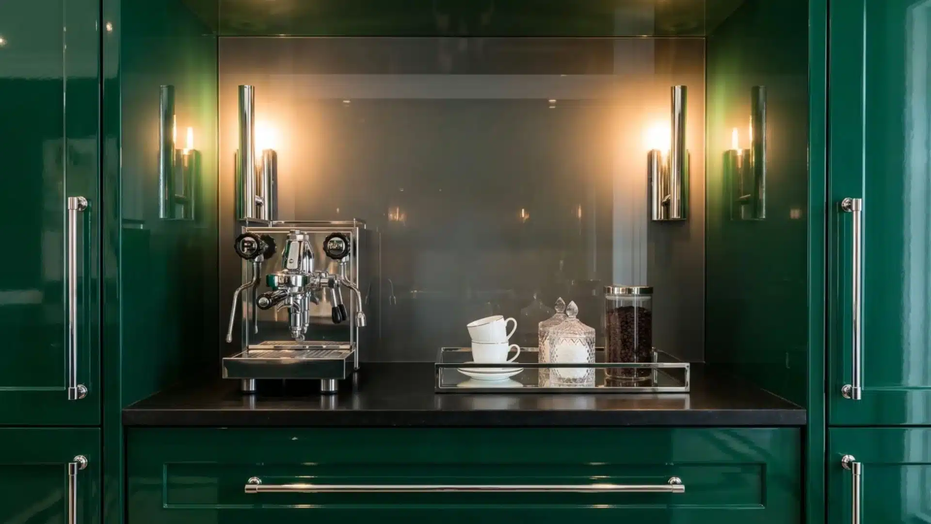 Hollywood Regency coffee bar with emerald lacquer cabinets, smoked glass backsplash, chrome hardware, espresso machine, and mirrored tray.