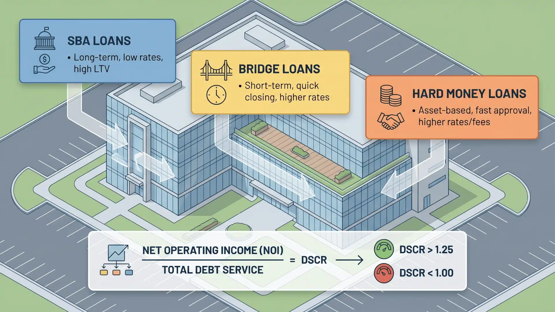 Infographic showing commercial real estate financing, including SBA, bridge, and hard money loans, with a DSCR formula overlay for investor guidance.