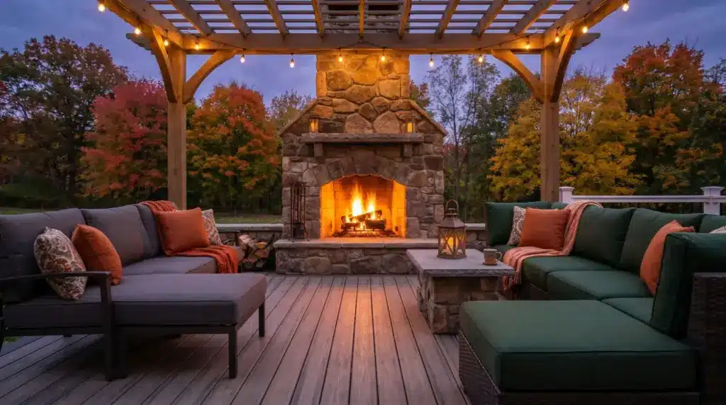 Outdoor stone fireplace on cozy patio with string lights and autumn trees in the background