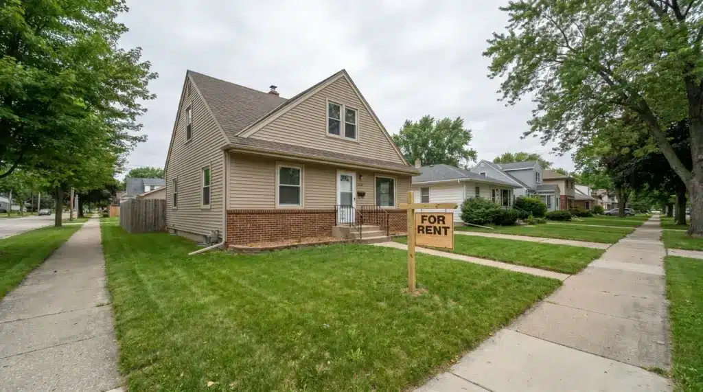 Single-family home with a for rent sign on the front lawn