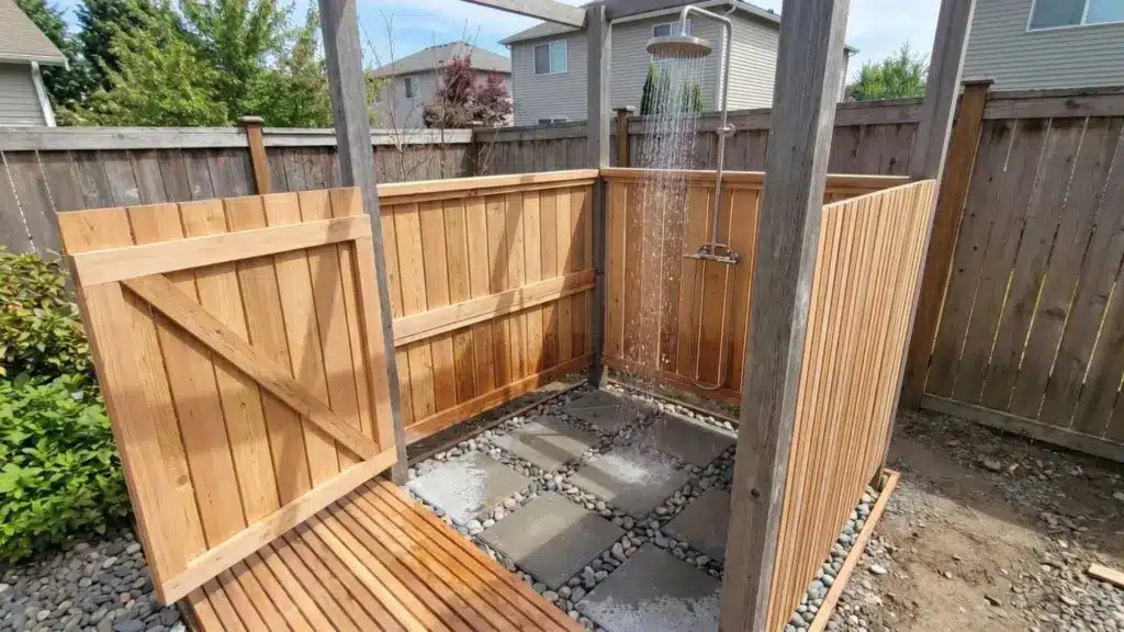 Finished DIY outdoor shower with stainless rainfall head, cedar slat walls, and a paver and river-rock floor in a backyard.