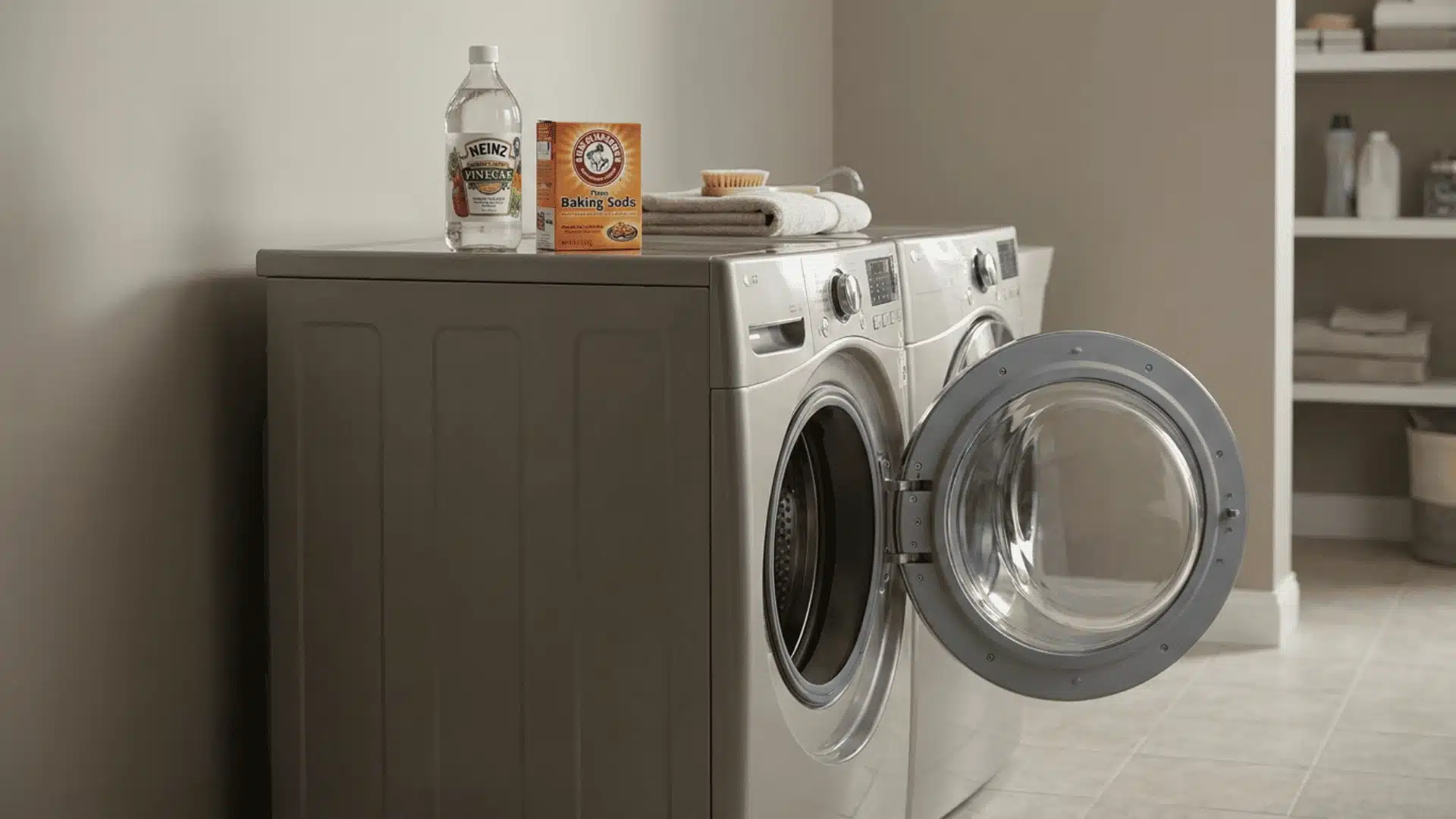 Front-load washing machine with open door, white vinegar bottle and baking soda box resting on top.