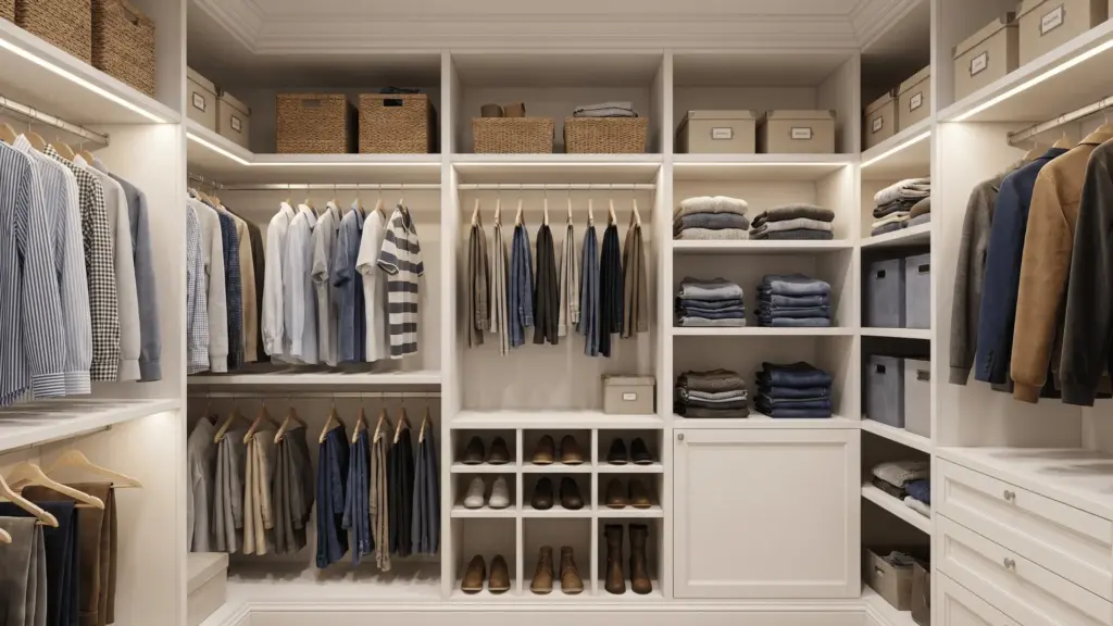 Interior of a structured bedroom closet with hanging clothes, shelves, drawers, and shoe storage