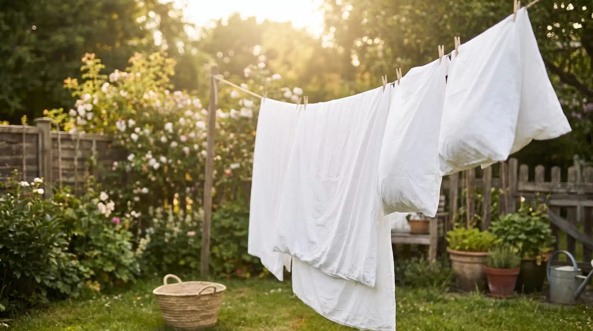 White bed sheets hanging on an outdoor clothesline in soft natural daylight, billowing gently in the breeze.